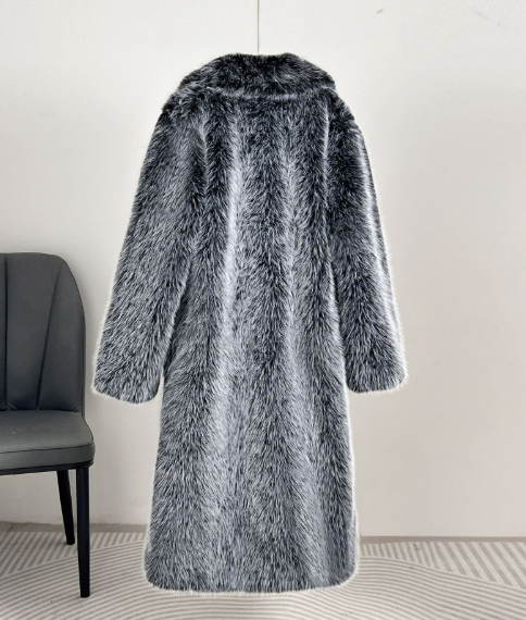 Long Faux Fur Coat with Wide Lapel - Gray