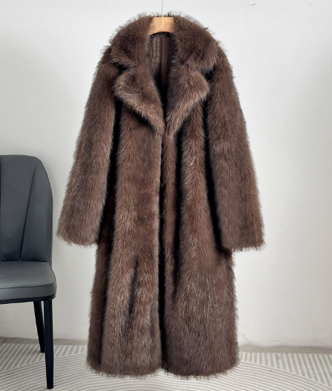 Long Faux Fur Coat with Wide Lapel - Dark Brown