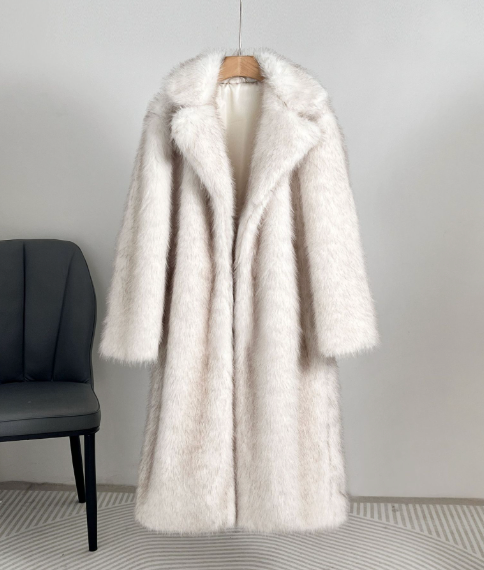 Long Faux Fur Coat with Wide Lapel - White