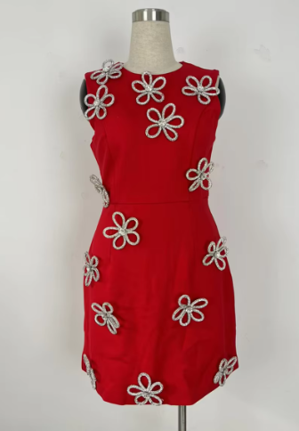 Mini Dress with 3D Floral Accents - Red
