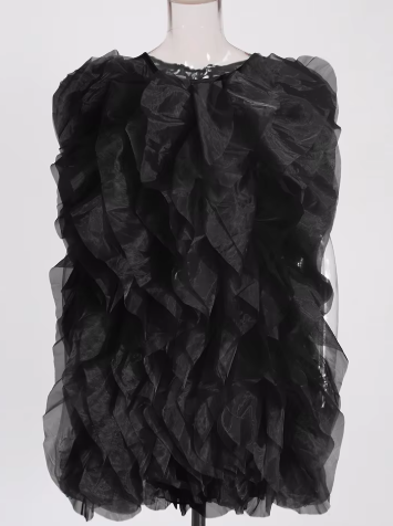 Ruffled Sheer Mini Dress - Black