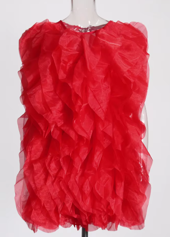 Ruffled Sheer Mini Dress - Red