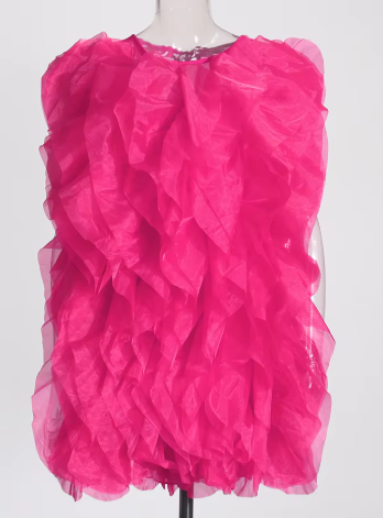Ruffled Sheer Mini Dress - Dark Pink