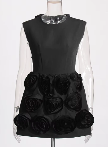 Sleeveless Striped Mini Dress with Floral Accents - Black