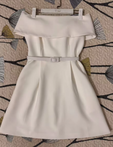 Off-Shoulder Mini Dress with Belt and Pockets - White
