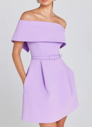Off-Shoulder Mini Dress with Belt and Pockets - Purple