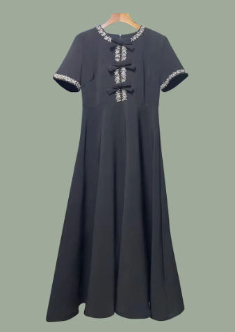 A-Line Midi Dress with Bow Embellishments - Black