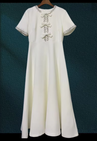 A-Line Midi Dress with Bow Embellishments - White
