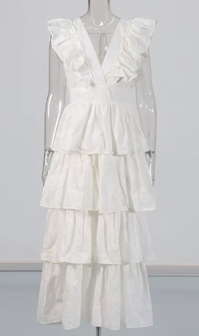Sleeveless Tiered Ruffle Maxi Dress - White