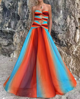 Two-Piece Set with Strapless Bandeau Top and Maxi Skirt - Orange