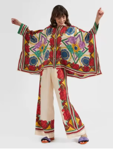 Two-Piece Set with Printed Cape Top and Wide-Leg Pants - Red
