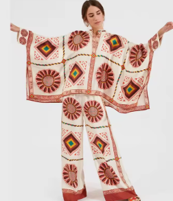 Two-Piece Set with Printed Cape Top and Wide-Leg Pants - Beige