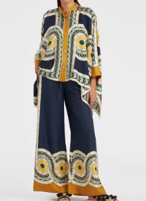 Two-Piece Set with Printed Cape Top and Wide-Leg Pants - Blue