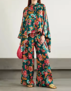Two-Piece Set with Printed Cape Top and Wide-Leg Pants - Orange