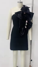 Asymmetrical Mini Dress with Oversized Bow Details - Black