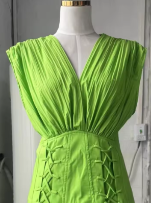 Mini Dress with Deep V-Neckline and Corset Waist - Green