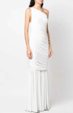 Ruched One-Shoulder Maxi Dress with Fitted Silhouette - White