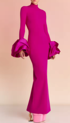 High Neck Maxi Dress with Ruffle Cuff Sleeves and Back Slit - Dark Pink