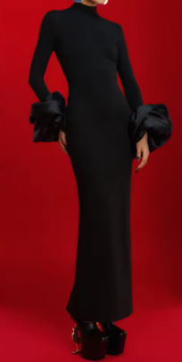 High Neck Maxi Dress with Ruffle Cuff Sleeves and Back Slit - Black