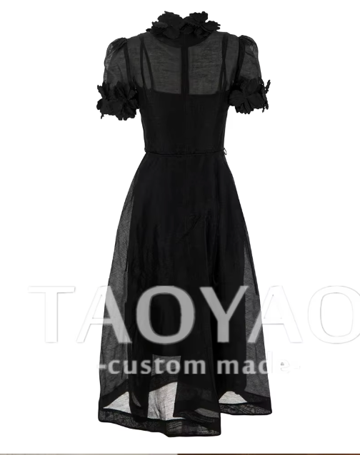 Short Sleeve Midi Dress with Floral Embellishments - Black