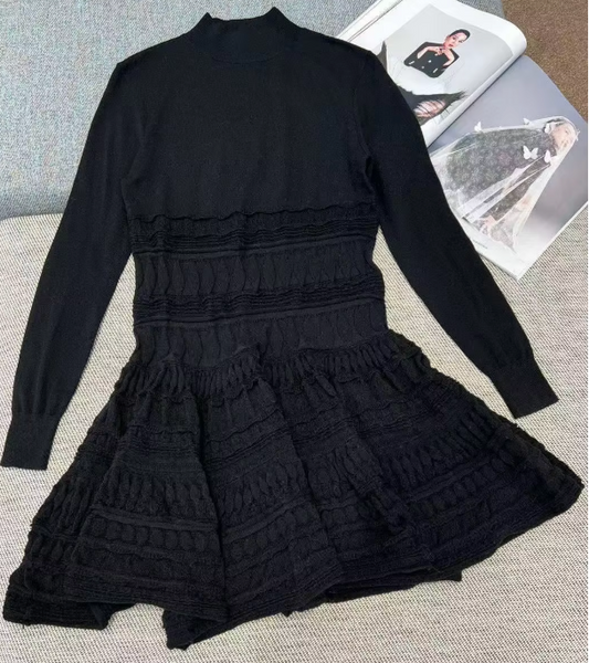 Long Sleeve High Neck Tiered Ruffle Dress - Black