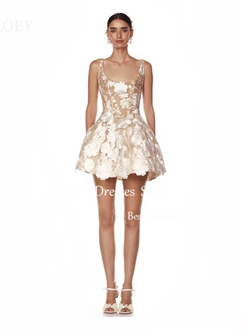 Embroidered Floral Tulle Mini Dress - Beige