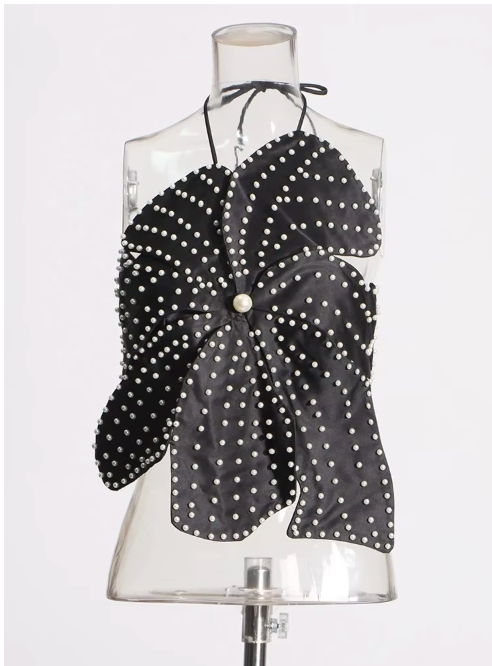 Two-Piece Set with Halter Top and Floral Detail Skirt - Black