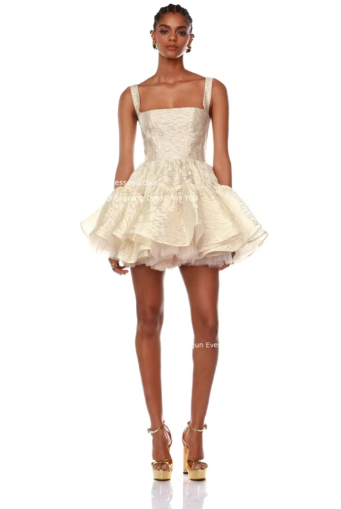Mini Dress with Flared Skirt and Square Neckline - Beige