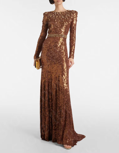 Long Sleeve Embellished Sequined Maxi Dress - Brown
