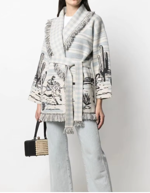 Fringe-Trim Wrap Jacket with Desert Landscape Motif - Blue