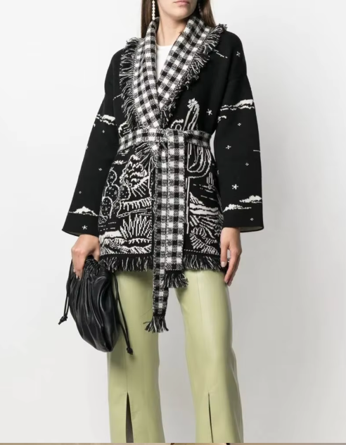 Fringe-Trim Wrap Jacket with Desert Landscape Motif - Black