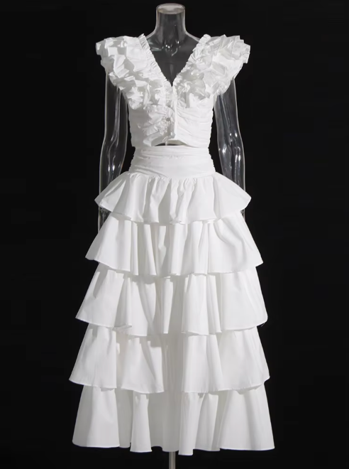 Two-Piece Set with Ruffled Top and Tiered Maxi Skirt - White