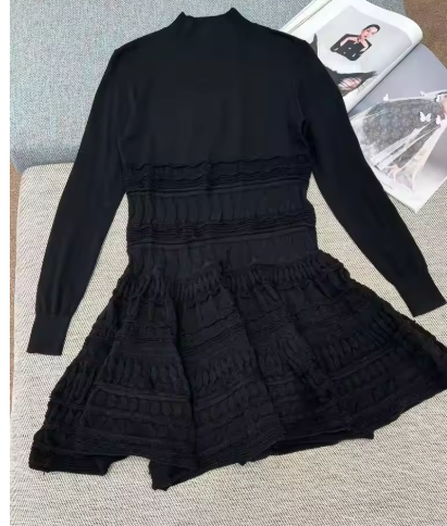High Neck Knitted Mini Dress with Tiered Detailing - Black