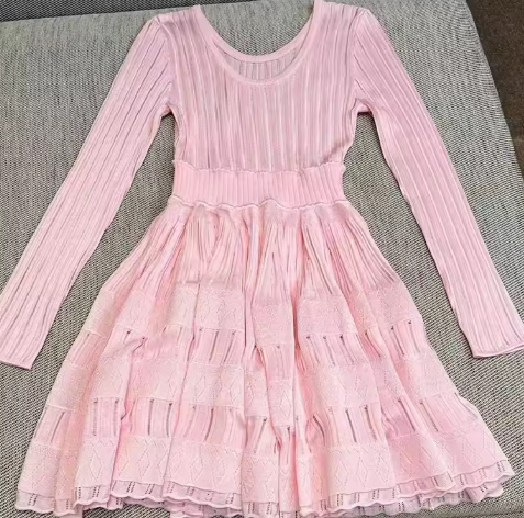 High Neck Knitted Mini Dress with Tiered Detailing - Light Pink