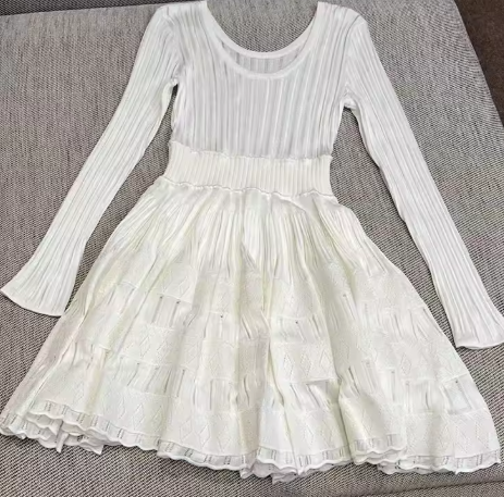 High Neck Knitted Mini Dress with Tiered Detailing - White