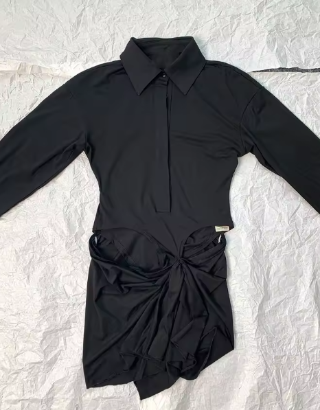 Shirt-Style Mini Dress with Cutout and Tie Detail - Black