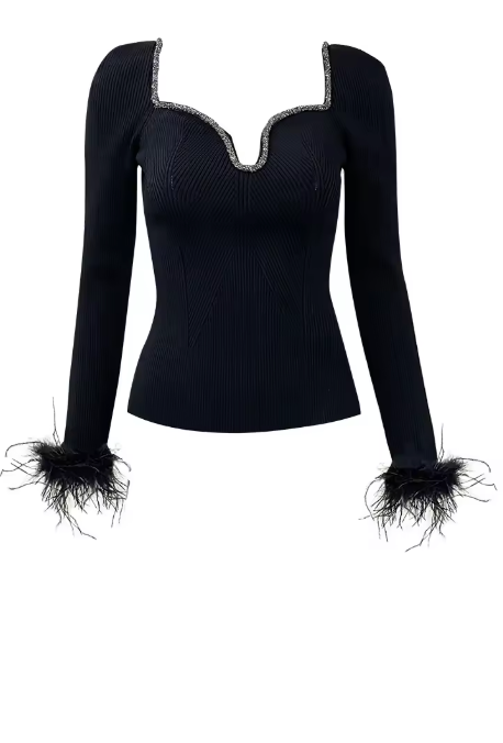 Knitted Top with Feather Cuffs - Black