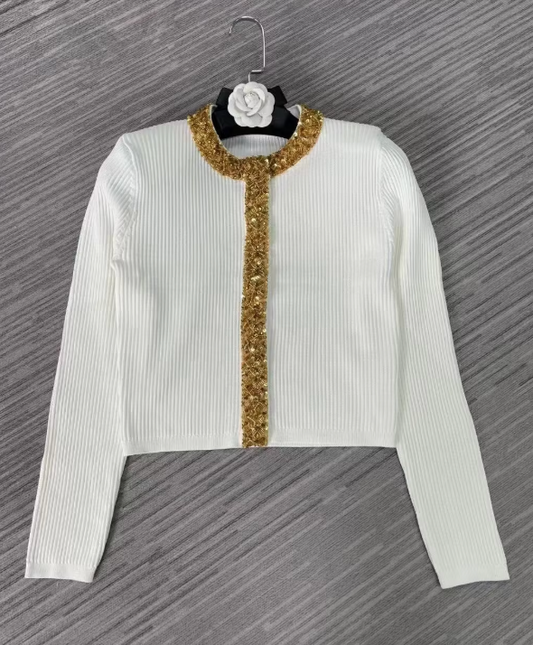 Embellished Cropped Knit Top - White