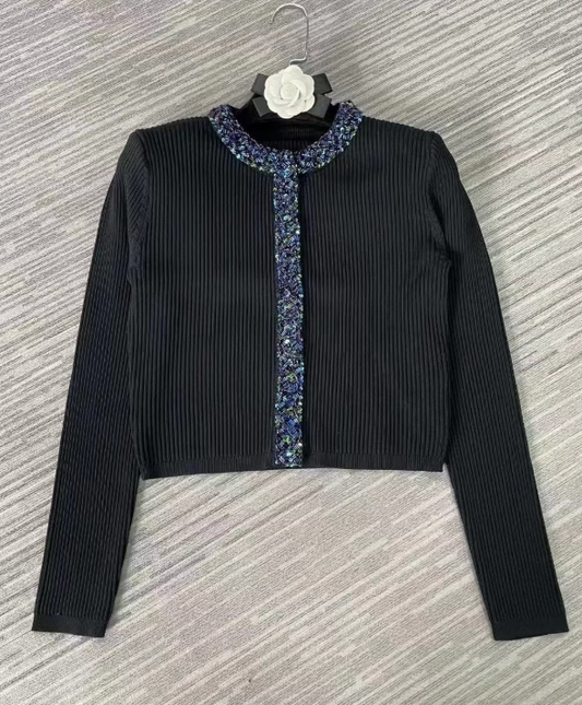 Embellished Cropped Knit Top - Black