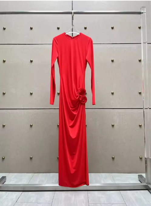Long Sleeve Midi Dress with Ruched Detail and High Slit - Red
