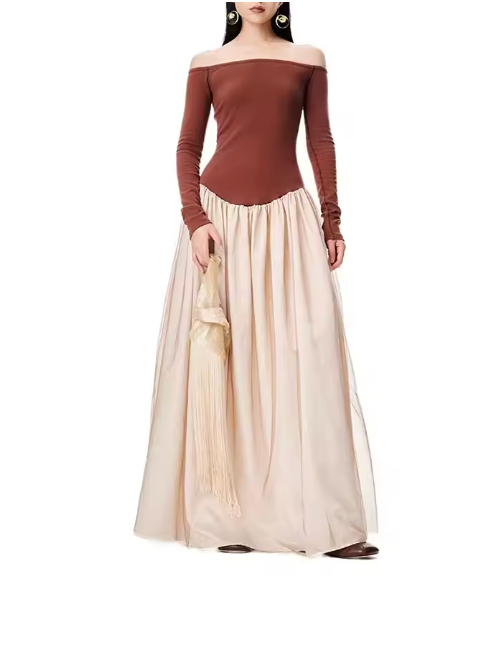 Off-Shoulder Maxi Dress with Long Skirt - Red