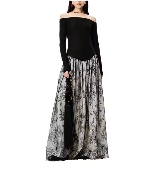 Off-Shoulder Maxi Dress with Long Skirt - Black