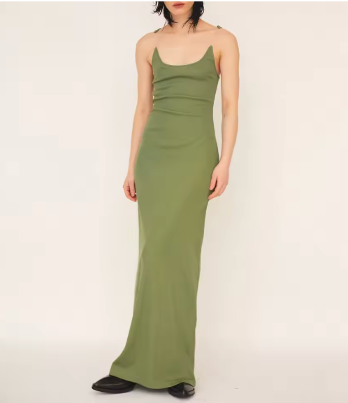 Ribbed Transparent Strap Maxi Dress - Green