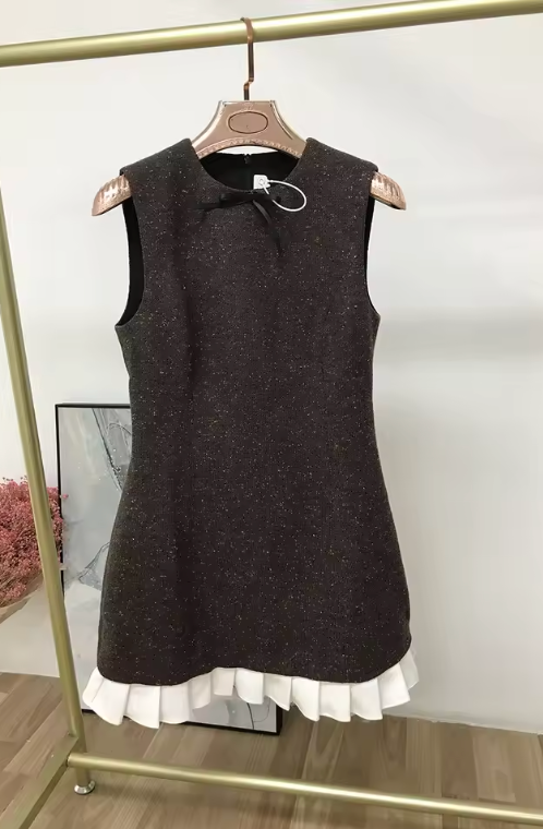 Bow Detail Mini Dress with Pleated Hem - Brown