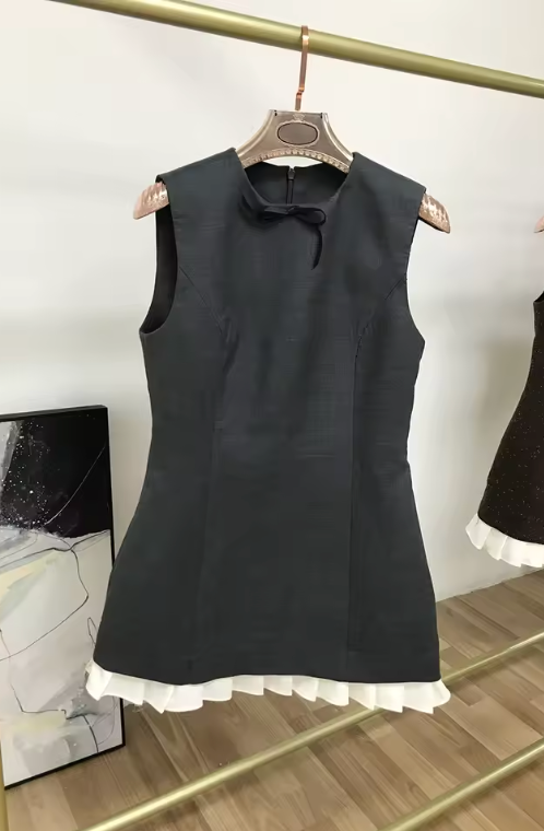 Bow Detail Mini Dress with Pleated Hem - Gray