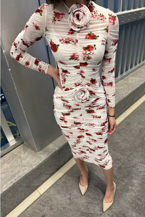 Two-Piece Set with Floral Print Top and Ruched Skirt - White