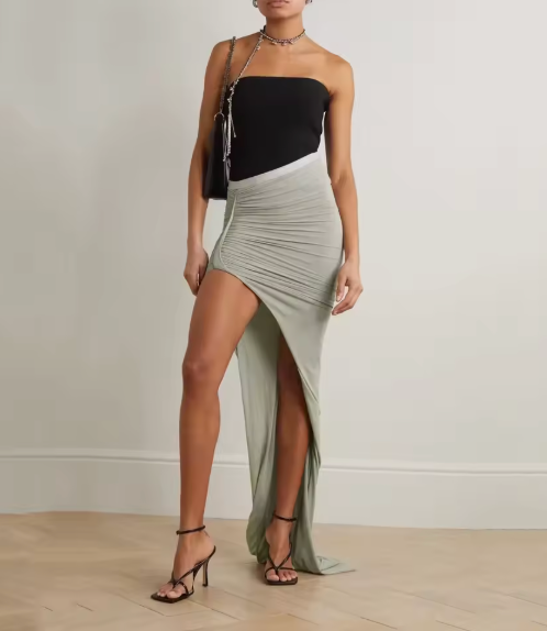 Draped High-Slit Maxi Skirt - Beige