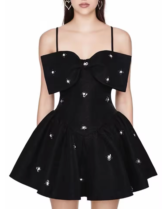 Beaded Bow Detail Mini Dress - Black