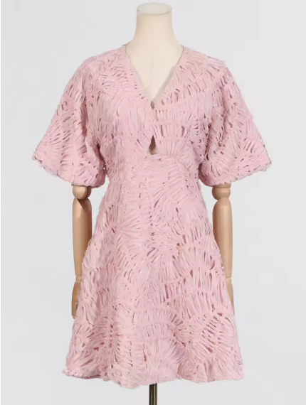 Puff Sleeve Cutout Embroidered Textured Mini Dress - Pink