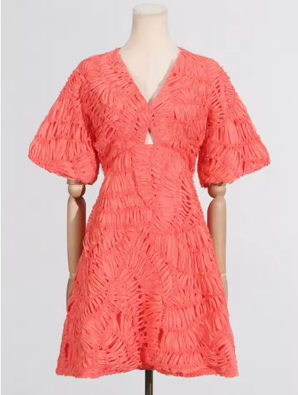 Puff Sleeve Cutout Embroidered Textured Mini Dress - Orange